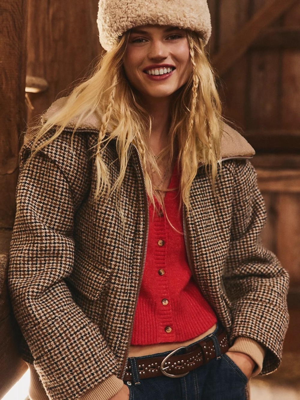 NWT Free People Spearmint Cozy Plaid Fur Collar Jacket